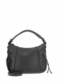 Sac d'épaule en cuir noir avec une poignée supérieure incurvée, une bandoulière ajustable pour porter en travers du corps, et un détail à cordon sur les côtés. Texture lisse.