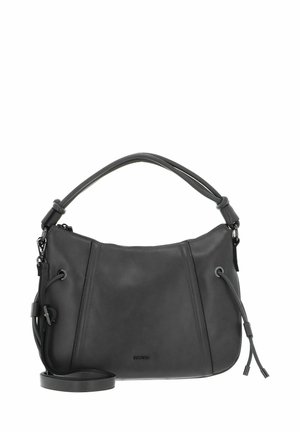 Sac d'épaule en cuir noir avec une poignée supérieure incurvée, une bandoulière ajustable pour porter en travers du corps, et un détail à cordon sur les côtés. Texture lisse.