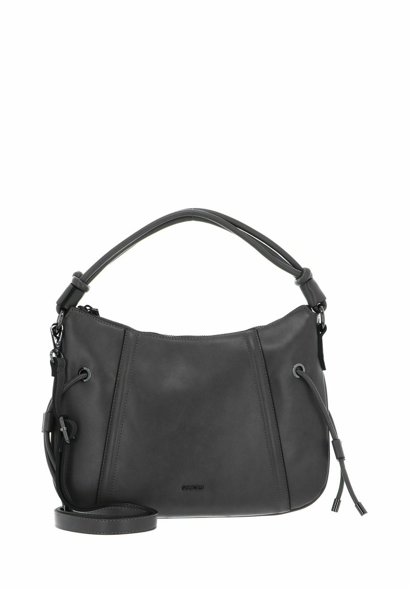 Sac d'épaule en cuir noir avec une poignée supérieure incurvée, une bandoulière ajustable pour porter en travers du corps, et un détail à cordon sur les côtés. Texture lisse.