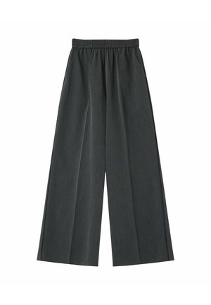 Pantalons larges en tissu gris foncé avec une taille élastique, dotés de poches latérales et d'une surface lisse et texturée.