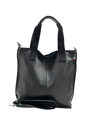 Black leather tote bag with dual handles, a detachable shoulder strap, and a small Italian flag accent. Textured finish, minimalist design.