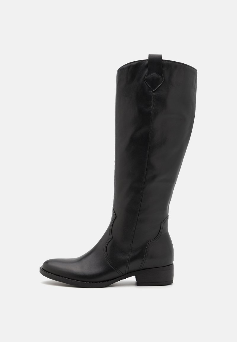 Schwarze Lederstiefel bis zum Knie mit runder Zehenform, niedrigem Blockabsatz und dekorativen Nahtdetails. Mit einer Zuglasche an der Rückseite für ein einfaches Anziehen.