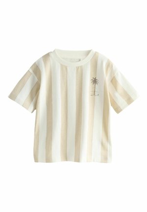 Beige és fehér csíkos pamut póló rövid ujjakkal, kerek nyakkivágással és egy kis pálmafás grafikával a bal oldalon.
