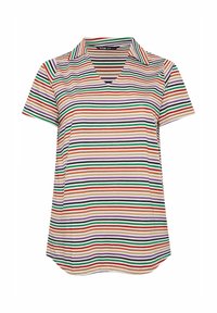 Kortärmad V-ringad randig skjorta i beige, med färgglada vertikala ränder i orange, grön, lila och blå. Slät textur.