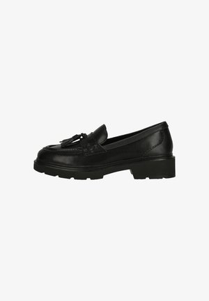 Schwarze Lederloafers mit Quastenakzenten, einer strukturierten Vorderseite und einer robusten Sohle, die eine glatte Oberfläche und seitliche Nähedetails aufweisen.