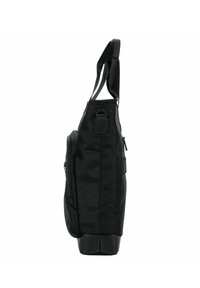 Bolso negro de hombro hecho de tela texturizada, con una sola correa, un bolsillo lateral con cremallera y una base plana para mayor estabilidad.