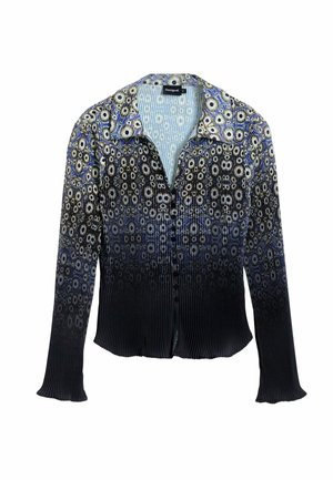 Blouse à manches longues avec un motif floral bleu, noir et or. Texture plissée, boutonnière à l'avant et col. Tissu doux.