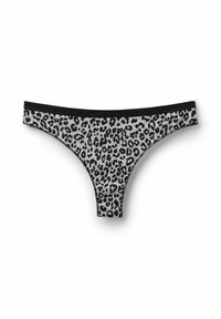 Leopardenmuster-Tanga in Grau und Schwarz, mit glattem Stoff, dünnem schwarzen Bund und genähten Details an den Kanten.