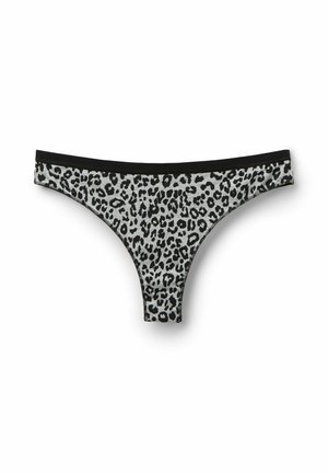 Leopard print thong in gray and black, featuring a smooth fabric, thin black waistband, and stitched detailing on the edges.