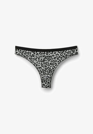 Leopard print thong in gray and black, featuring a smooth fabric, thin black waistband, and stitched detailing on the edges.