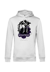 Felpa bianca con cappuccio che presenta un design grafico centrale di una figura circondata da elementi floreali neri e viola con il testo "Socialmente Distanziato."