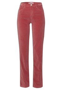 Rode corduroy broek met een recht ontwerp, voorzien van voor- en achterzakken, een ritssluiting en een knoopsluiting bij de taille.