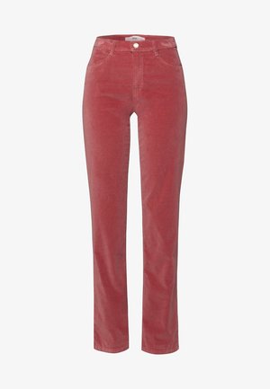 Červené kordové kalhoty se střihy rovného nohu, obsahující přední a zadní kapsy, zipový zapínání a knoflíkový uzávěr v pase.
