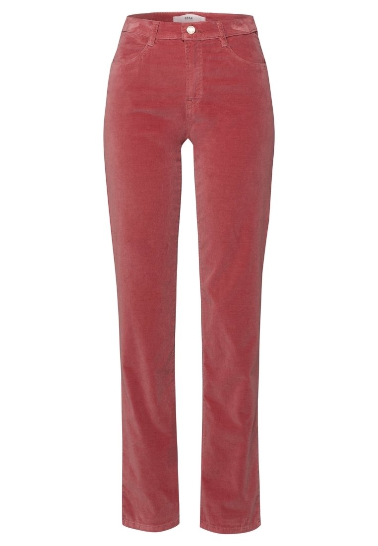 Rode corduroy broek met een recht ontwerp, voorzien van voor- en achterzakken, een ritssluiting en een knoopsluiting bij de taille.