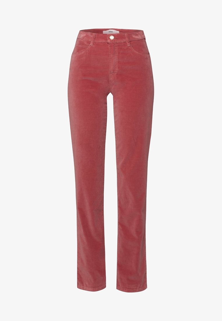 Rode corduroy broek met een recht ontwerp, voorzien van voor- en achterzakken, een ritssluiting en een knoopsluiting bij de taille.