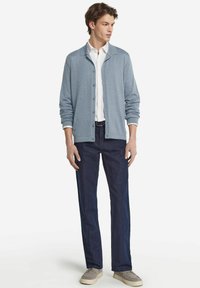 Jasnoniebieski kardigan zapinany na guziki, noszony na białej koszuli. Ciemnoniebieskie dżinsy i jasnobeżowe buty. Model stoi w neutralnej pozycji.