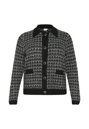 Black and white tweed cardigan with a collar, button front, and two patch pockets. Textured pattern with contrasting trim and large buttons.