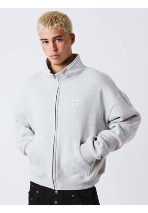 Junge Person mit kurzen blonden Haaren, die einen hellgrauen Kapuzenpullover mit Reißverschluss trägt und die Hände in den Taschen hat, vor einem einfarbigen Hintergrund.