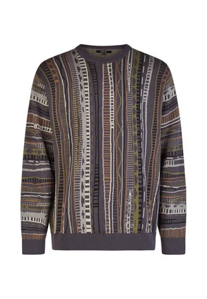 Langärmeliger Strickpullover mit vertikalen abstrakten Streifen in Schwarz, Braun, Olivgrün und Beige sowie einem gerippten Kragen, Bündchen und Saum.