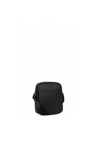 Borsa a tracolla nera in pelle texturizzata, con forma rettangolare, chiusura con zip e tracolla regolabile. Design minimalista.