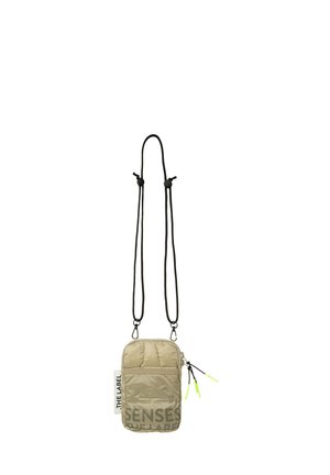 Padded beige crossbody bag with black adjustable straps, featuring a front zipper pocket and neon green accents. Logo printed on the side.