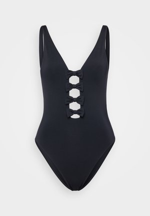 Black one-piece swimsuit with a deep V-neck, featuring five fabric bows along the front cutout. Smooth texture and moderate leg openings.