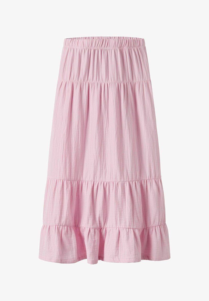 Jupe midi rose clair à étages avec une ceinture élastique froncée et un ourlet à volants.