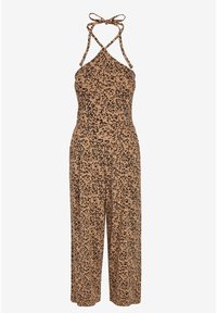 Mono con estampado de leopardo en marrón y negro, con cuello halter y tirantes entrelazados, diseño de pierna ancha, tejido suave con textura lisa.