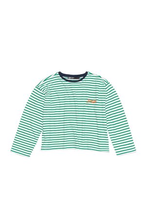 Long-sleeve striped shirt made of soft fabric, featuring green and white horizontal stripes, round navy collar, and a small orange logo.