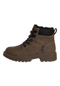 Botte courte en cuir marron à lacets avec un col rembourré noir, semelle épaisse et doublure en polaire, arborant les marques s.Oliver et TEX.