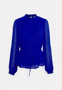 Blue blouse with a high neck, long sheer sleeves, pleated design, and a tie waist detail. Made from lightweight, flowing fabric.