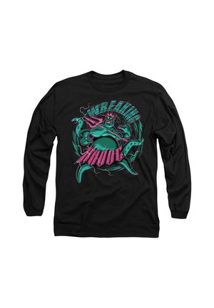 Schwarzes Langarmshirt mit einer bunten Grafik eines grünen Cartoon-Seeungeheuers, das einen pinken Dreizack hält, und dem Text „Unleashing Havoc.“