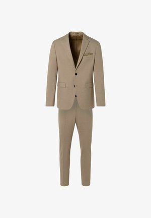 Beige suit featuring a single-breasted jacket with two buttons, notch lapels, and slim-fit trousers. Textured fabric and chest pocket detail.