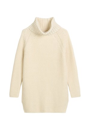 Fülliger Strickpullover in Creme mit hohem ribbeligen Rollkragen, überschnittenen Schultern und langen Ärmeln. Strukturiertes Gewebe verleiht dem Design Tiefe.