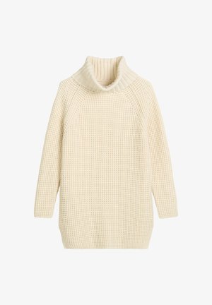 Chunky gebreide crèmekleurige pullover met een hoge ribbelneklijn, verlaagde schouders en lange mouwen. De gestructureerde weving voegt diepte toe aan het ontwerp.