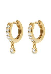 Guldörhängen i form av hoop med en rad klara kristaller och en hängande kristallaccent, med en polerad yta och en design med gångjärnsstängning.