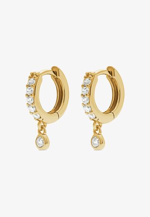 Guld hoops øreringe med en række klare krystaller og en hængende krystalakcent, med en poleret finish og et hængslet lukkedesign.