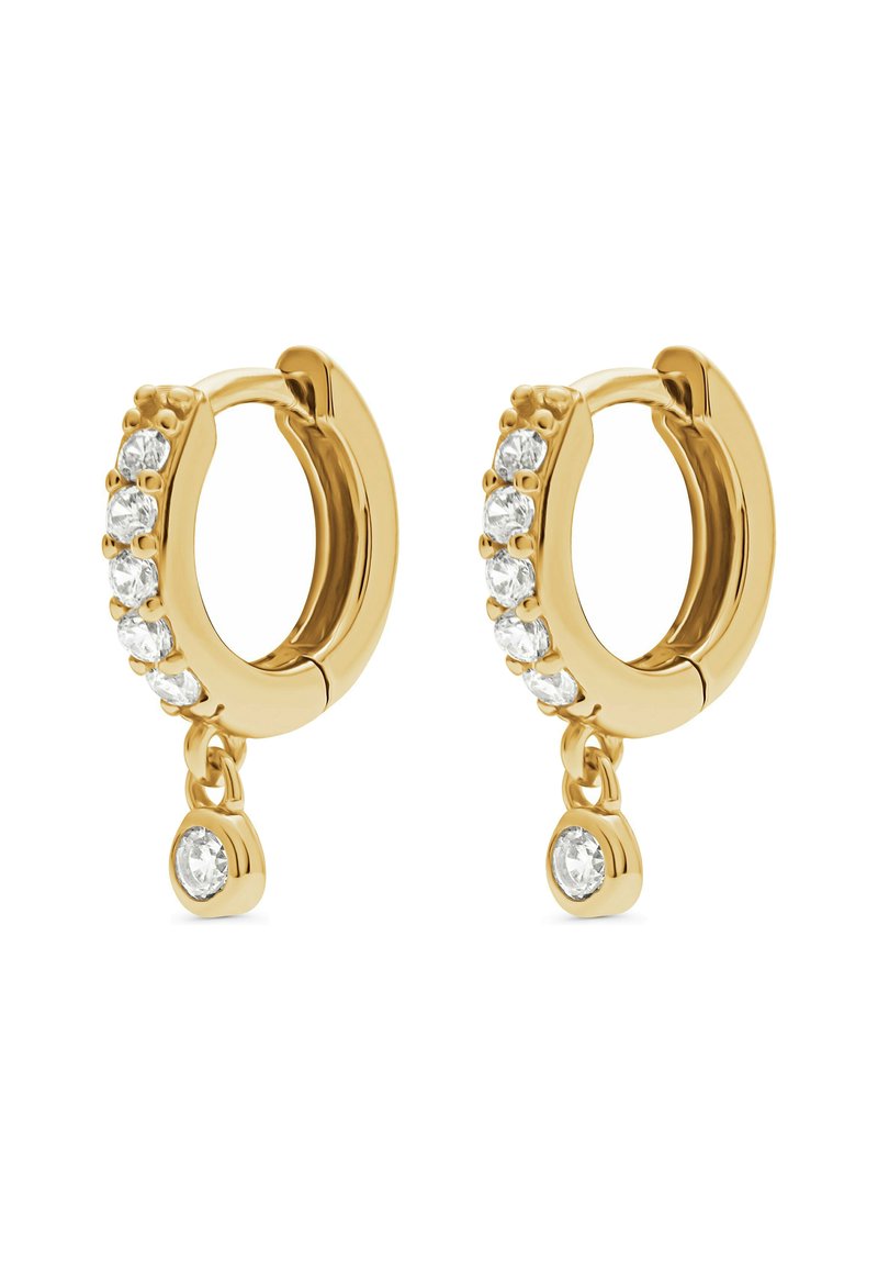 Guldörhängen i form av hoop med en rad klara kristaller och en hängande kristallaccent, med en polerad yta och en design med gångjärnsstängning.