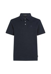 Granatowa koszulka polo z krótkim rękawem, wykonana z teksturowanej tkaniny, z trzema guzikami na przodzie i subtelnym logo na lewej piersi.