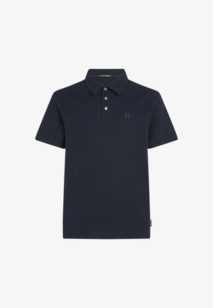 Tumesinine lühikese varrukaga polo särk, mis on valmistatud tekstuuriga kangast, kolmest nupust nööpkleidi ja kerge logoga vasakul rinnal.