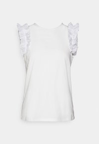 Biała bezrękawnik z teksturowanymi falbaniastymi akcentami na ramionach, wykonana z miękkiego materiału, z okrągłym dekoltem i luźnym krojem.