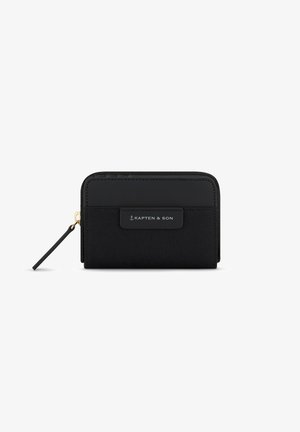 Black Kapten & Son wallet with fabric and leather texture, featuring a zip closure and a branded label on the front.