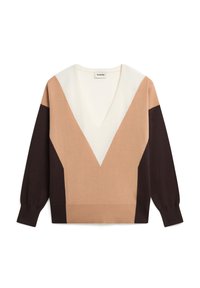 V-Ausschnitt-Pullover mit einem Farbblockdesign in Beige, Weiß und Dunkelbraun, gestrickter Textur und Ballonärmeln.