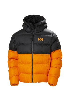 Veste matelassée noire et orange avec capuche, fermeture éclair frontale, poignets élastiques et logo "HH" sur la poitrine.