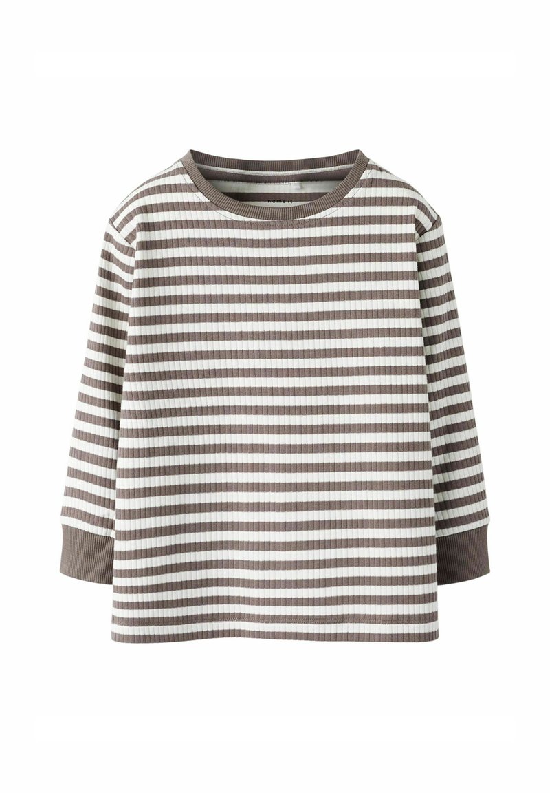 Koszula z długim rękawem, prążkowana, w poziome brązowe i białe paski, z brązowymi mankietami na rękawach oraz na dekolcie.