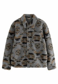 Graue und braune gemusterte Fleecejacke aus Plüsch mit Kragen, Vordertasche und Knopfverschluss. Weiche Textur mit abstrakten Mustern.