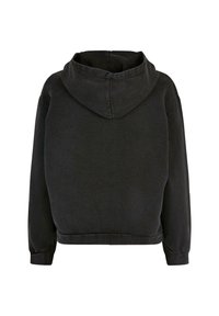 Juodas trumpas hoodie su apvalia kapišonu, ilgomis rankovėmis ir įpjautomis rankogaliais. Lygus paviršius ir kasdieniškas dizainas, be puošybos.