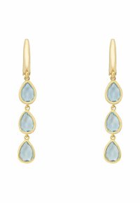 Gold drop earrings feature three interconnected pear-shaped light blue stones, each encased in a smooth gold bezel setting.