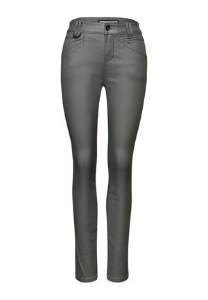 Slim-fit graue Hose mit Knopfverschluss, Reißverschluss, Gürtelschlaufen und schrägen Fronttaschen, auf weißem Hintergrund präsentiert.