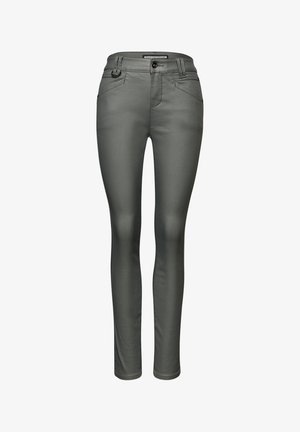 Slim-fit graue Hose mit Knopfverschluss, Reißverschluss, Gürtelschlaufen und schrägen Fronttaschen, auf weißem Hintergrund präsentiert.